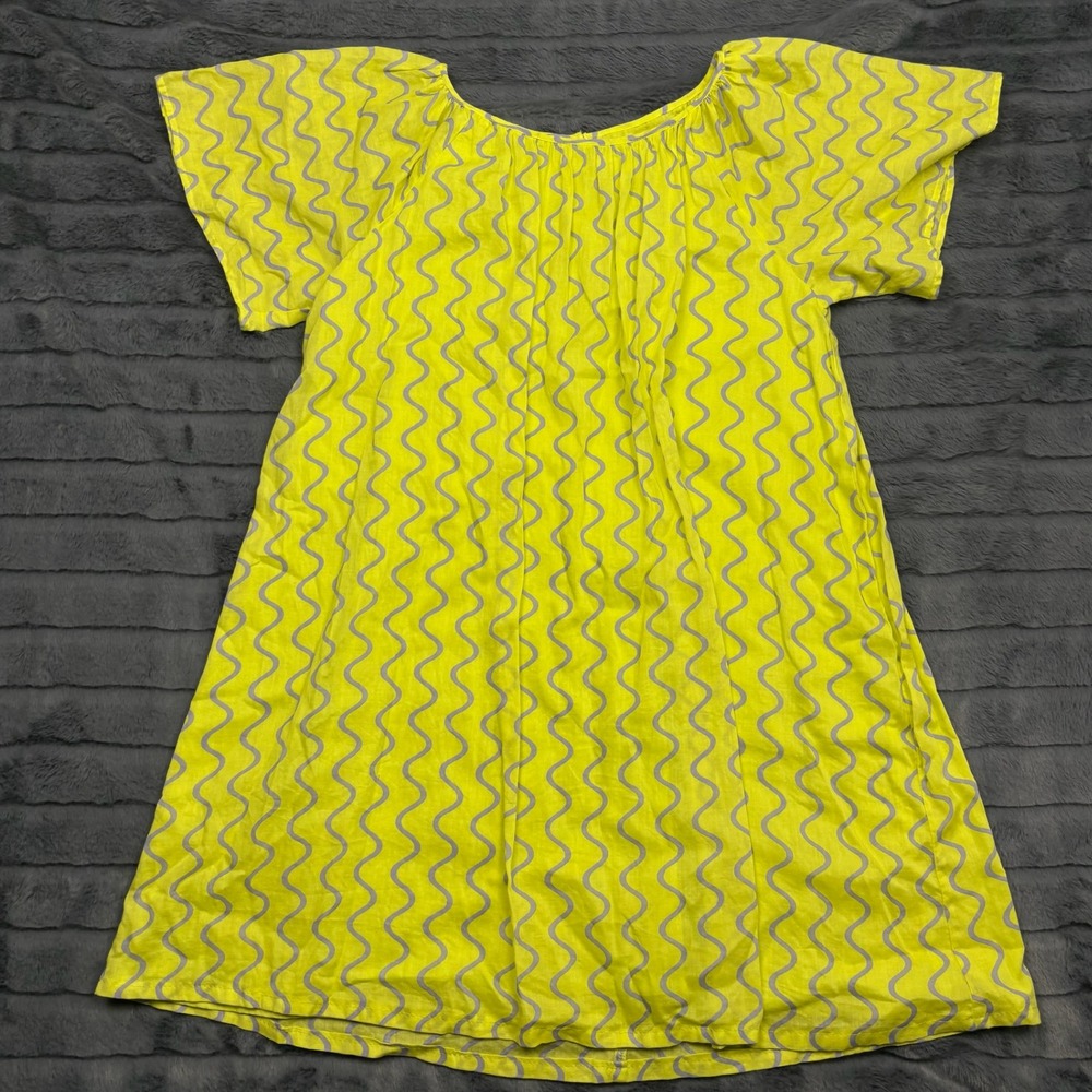 Zara Girls Neon Yellow Grey Wavy Stripe Cotton A-Line Dress Size 13-14 Fits XS